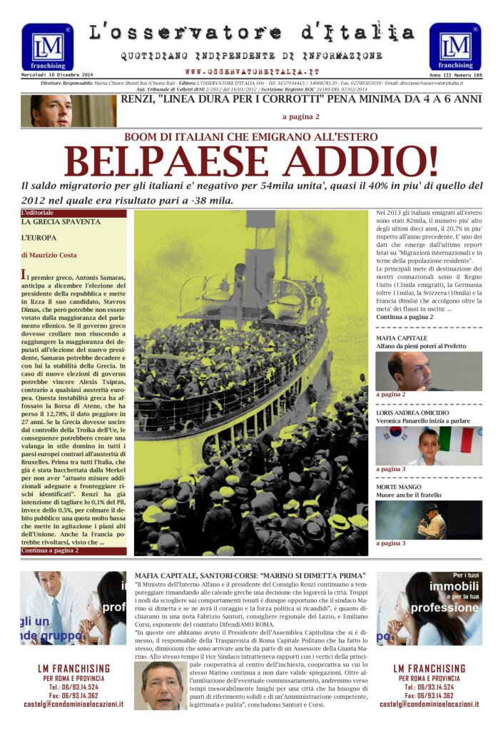 L'osservatore d'Italia edizione del 10 Dicembre 2014